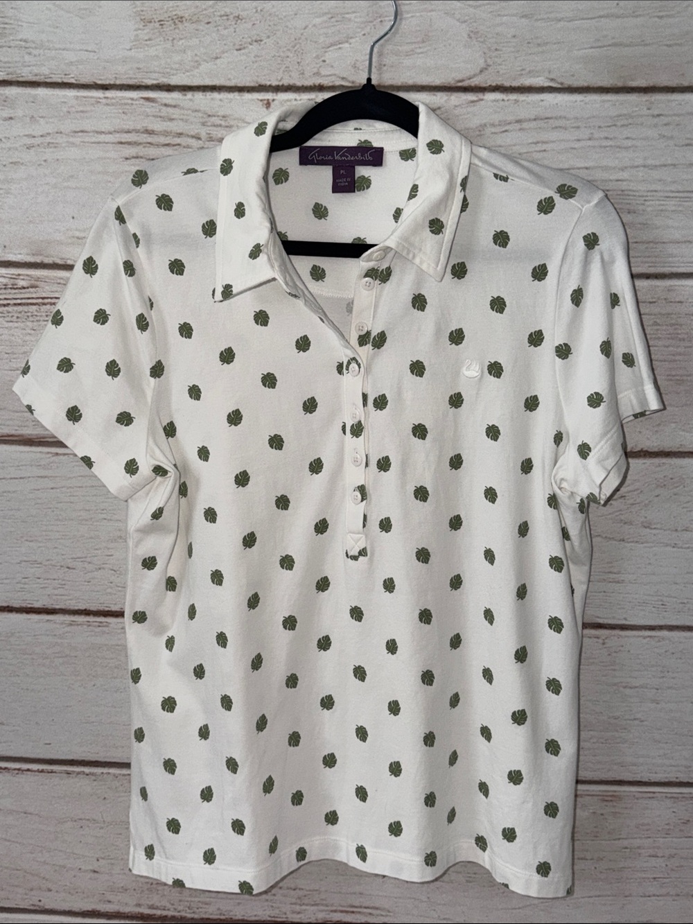 Gloria Vanderbilt White Polo with Olive Green Leaf Print Petite Large